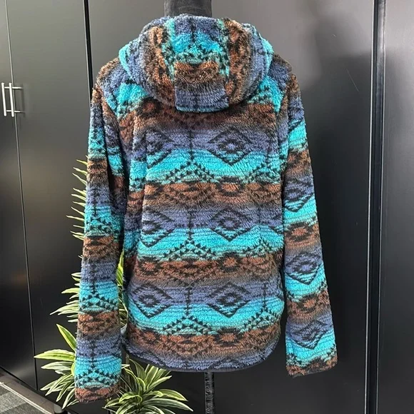 AriatTek Pullover Hoodie,Teddy Bear Fleece,Serape pattern,pockets,snap front - Picture 2 of 12